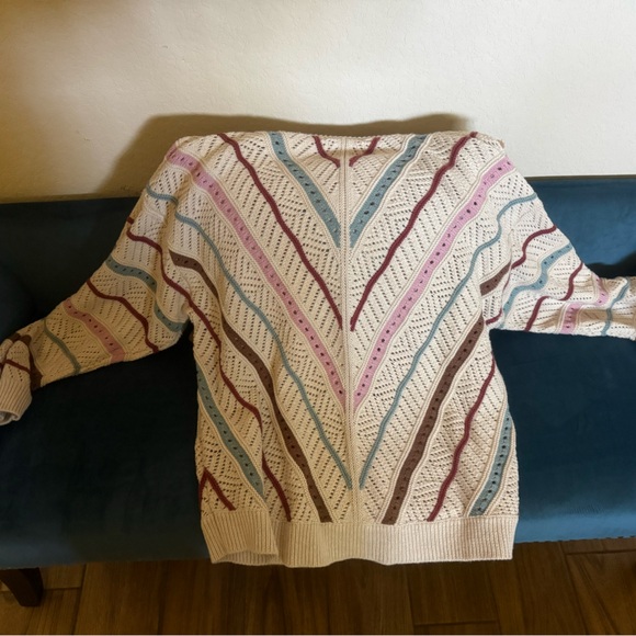 Marine Layer Cream Open-Knit Crew Sweater with Blue and Berry Stripes - Picture 5 of 6